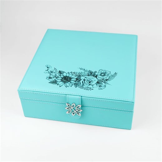 Floral Jewelry Box Organizer - Turquoise Blue Vegan Leather With Sunflower and Roses, Velvet Interior - Etsy