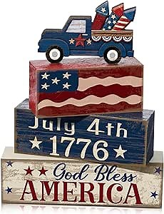 4 Pcs 4th of July Decorations Patriotic Memorial Day Tabletop Decorations Red White Blue Table Centerpieces Wood Block God Bless Sign for Office Tiered Tray Home Shelf Mantel(Truck)