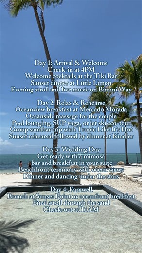 Hold down to read your perfect wedding itinerary—four days of ocean views, island vibes, and unforgettable moments. From sunset dinners to sandbar adventures and a beachfront ceremony, this is what dream weddings in paradise look like.🌴💐 | Three Waters Resort & Marina