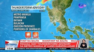 Nakataas ang thunderstorm advisory sa Metro Manila. Ayon sa PAGASA, apektado rin ang Pampanga, Bataan, Bulacan, Quezon Province at ilang panig ng Zambales. Pinaaalerto ang mga residente mula sa banta ng baha o landslide. | GMA Integrated News Weather Center