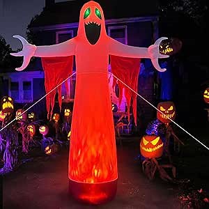 Christmas Inflatable Giant Horror Ghost,Laugh Terror with 2 Green Eyes Flashing,Covered in Flames Lighting Blow Up Yard for Halloween,Christmas Party (12FT Horror Ghost)