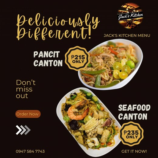 1K views | Craving a hearty meal that will keep you going? Look no further than Jack's Kitchen's mouthwatering Pancit Canton and Seafood Canton! Order yours now and let the deliciousness begin! For advance order, reservations, dine in, inquiries, takeout, pickup, deliveries and catering⬇️ (0947) 584 7743 ☎️(045) 963 6459 #jackskitchen #jackscatering #supportlocal #onlinefooddelivery #deliciouslydifferent | Jack's kitchen | Facebook