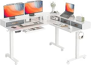 Claiks Dual Motor 63" L Shaped Standing Desk with Drawers, Electric Height Adjustable Standing Desk with Monitor Stand & Splice Board, White Frame/White Top