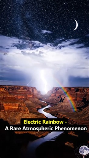 This scene combines three different atmospheric effects that normally don’t happen together .. lightning, a rainbow, and a dark sky. A rainbow forms from sunlight refracting through raindrops, while lightning needs strong charge separation inside storm clouds. The sky in the background is dark enough to show stars and the Milky Way only in long-exposure photography, which explains why everything looks visible at once. It’s not a single moment the human eye would naturally see .. it’s a blend cap