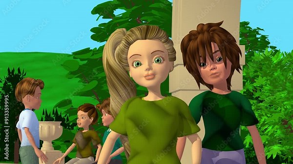 3d animation, five cartoons characters talking in the park. one cartoon character speaking to the camera