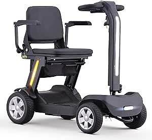 Foldable Mobility Scooter for Adults & Senior, 4 Wheels Powered Device for Travel, Lightweight and Portable, with LED Strip Light, Storage Bag, Charger Included, No Assemble Required (Black)