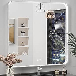 30" x 36" LED Bathroom Mirror with Lights, Rounded Rectangle Silver Frame Embedded Light Strip Design Vanity Mirror, 3 Colors & Stepless Dimmable, Anti-Fog, Horizontal/Vertical