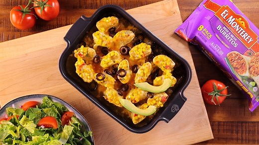 17K views · 64 reactions | Here’s a delicious dinner hack for you and your family! What do you think of this easy Burrito Bake Casserole recipe?  1. Thaw and halve eight El Monterey burritos. 2. Spread evenly in a baking pan. 3. Cover in enchilada sauce and cheese 4. Bake at 375° for 40 minutes. 5. Enjoy! | El Monterey Frozen Mexican Food | Facebook