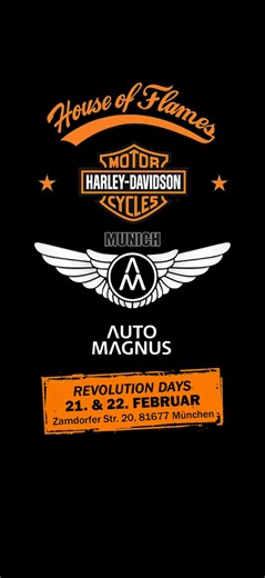 Revolution Days in München Ost 📍 House of Flames München Ost Zamdorfer Straße 20 🚫 Keine IMOT – wir machen’s selbst! 🏍️ Was dich erwartet: • Aktuelle Harley-Davidson Modelle • Zahlreiche Gebrauchtmotorräder • Customizing-Ideen für dein Bike • Spezielle Angebote & Finanzierungsmöglichkeiten • Glücksrad mit attraktiven Gewinnen • Zahlreiche Aussteller • Leckere Speisen & coole Drinks 🚗 Mit dabei: Auto Magnus München Spezialisiert auf Import, Individualisierung, Pflege und Service von US Cars. 