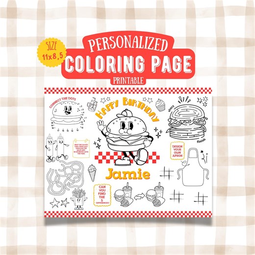 Burger Party Placemat, Printable Coloring Page, Hamburger and Fries Birthday, Cheeseburger, Fast Food - Etsy