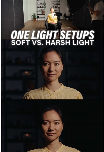 Here's how light angles and softness/harshness of your lights can change everything. Save these setups for your next photoshoot or talking head. Hard light is focused and direct, creating sharp, well-defined shadows and higher contrast that emphasize shape, texture, and tension. Soft light is diffused and wraps around the subject, producing smoother transitions and gentler shadows that feel more natural or flattering—the difference largely determined by the size of the light source relative to t