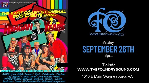 The Reagan Years playing your favorite 80s playlist live at The Foundry Basic City, Waynesboro, VA, Friday, September 26! doors at 6:30PM, showtime 8PM! It's just a short road trip outside of the DMV, join us! The Foundry at Basic City Beer Co, 1010 East Main Street, Waynesboro, VA, 22980 Venue info at www.thefoundrysound.com Tickets: https://www.eventim.us/event/the-reagan-years-the-east-coasts-original-80s-tribute-band/640102? #TRYnation #80stributepioneers #80stimeofyourlife #80stribute #gett
