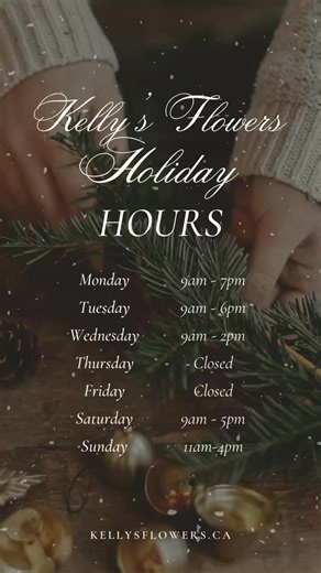 🎄 Holiday Hours 🎄We’re staying open a little later Monday & Tuesday to help with last-minute holiday shopping! 🎁✨Pop in, shop local, and let us help you check everything off your list.#ShopPerthON #PerthOntarioShopping #ShopLocalPerth #downtownheritageperth | Kelly's Flowers