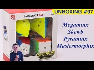 Unboxing №97 QiYi set: Pyraminx, Mastermorphix, Skewb, Megaminx VS Cubing Classroom set