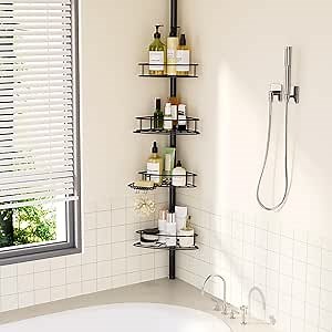 Corner Shower Caddy Tension Pole-4 Tier Adjustable Bathroom Shower Organizer with Soap Holder, Rustproof Shower Shelves Shower Rack for Inside Shower, Bathtub Shampoo Storage 29-118", Black