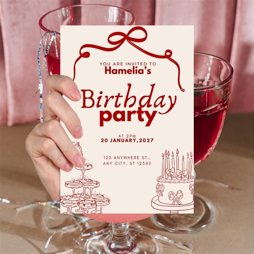 Elegant Cocktail Birthday Invitation | Cake & Champagne Party Invite | Classic Red Birthday Invitation | Printable Party Card - Etsy