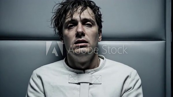 Man in straitjacket experiencing distress and mental health issues in an asylum room, showing emotional struggle and confinement.