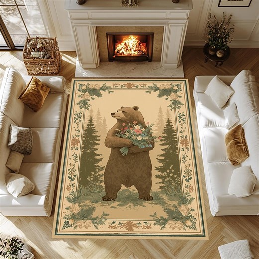 Floral Bear Velvet Rug: Animal Decor Carpet - Etsy