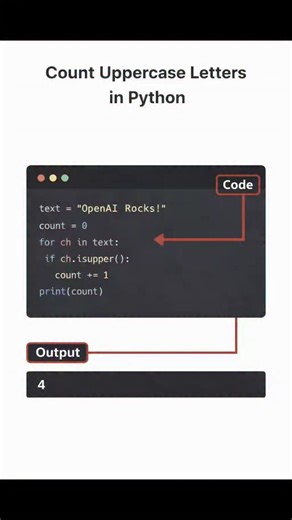 Prashant Kumar on Instagram: "🔠 Count Uppercase Letters in Python — Made Simple! In this quick tutorial, we walk through a beginner-friendly Python example that shows how to loop through text and count uppercase letters using built-in functions. You’ll learn how for loops and str.isupper() work together — a useful trick for text processing, data cleaning, and coding interviews. 🐍 Perfect for Python beginners and anyone building stronger programming fundamentals. 💡 Clear explanation + practica