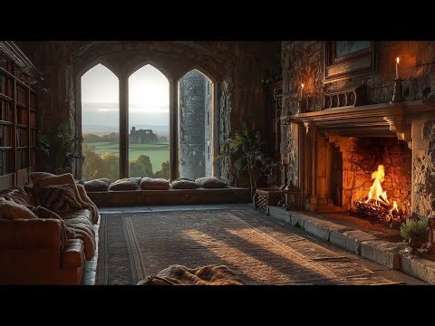 📚 Cozy Castle Fireplace Reading Ambience | Peaceful Study & Crackling Fire Sounds | No Ads 🔥🕯️