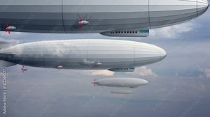 Legendary huge zeppelin airship on sky with clouds. Flying balloon animation. Big dirigible, spinning propellers and rudder. Long zeppelin, blue background, rigid airship.