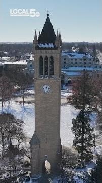 Snowy aerial view of Iowa State University central campus