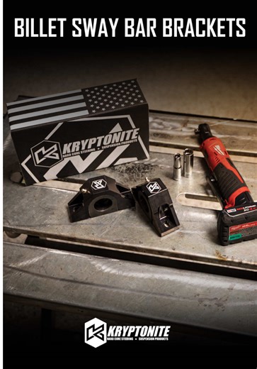Kryptonite billet sway bar bracket kits are a quick, functional upgrade for your truck. In stock and ready to ship! Kryptonite brackets are CNC-machined from solid 6061 billet aluminum and feature greaseable bushings with internal grease channels that lubricate the sway bar, keeping operation smooth and quiet over time. #Kryptonite #SwayBar #Billet #LifetimeWarranty #MadeInUSA