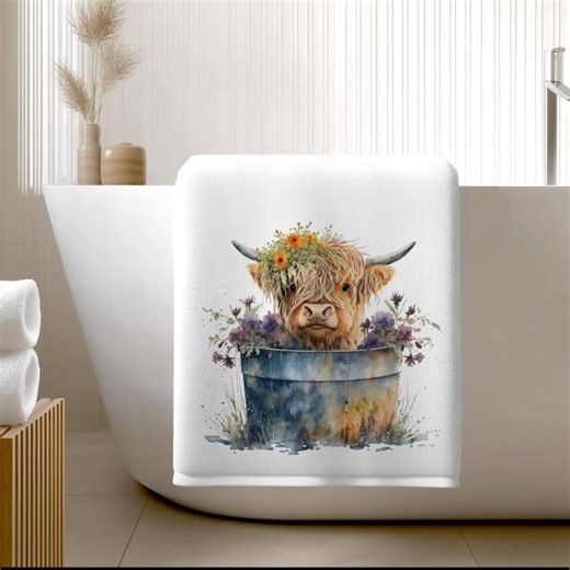 Highland Cow Bath Towel: Floral Washtub Bathroom Decor - Etsy