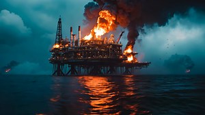 An oil rig in the middle of the ocean with a large plume of smoke coming out of it