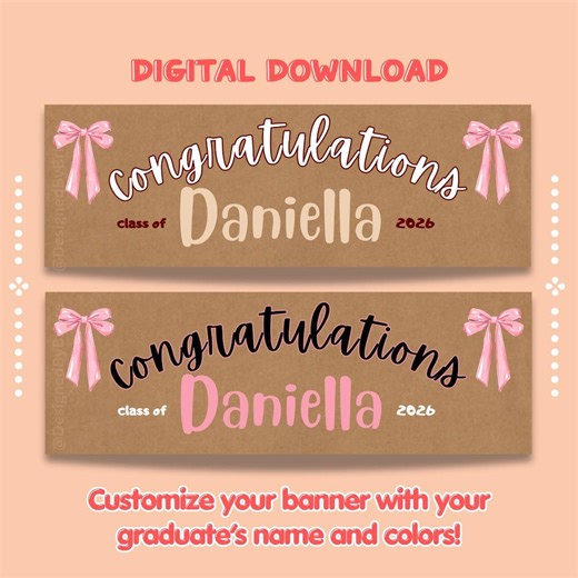 Cute Custom Graduation Banner, Personalized Name & School Colors Bows (digital Download) - Easy Printing at Walgreens/cvs :) - Etsy