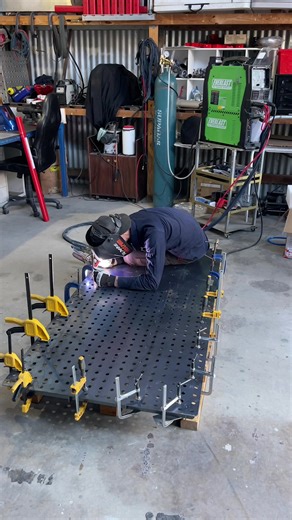 Assembling light duty fixture table I designed. 4mm steel construction, laser cut in metric measurements. DXF files for this and other various size/thickness metric tables on my website, link in bio, tigjunkie.com #welding #fabrication