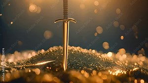 Elegant sword stands embedded in mound of glittering gold coins, evoking tales of fantasy and treasure