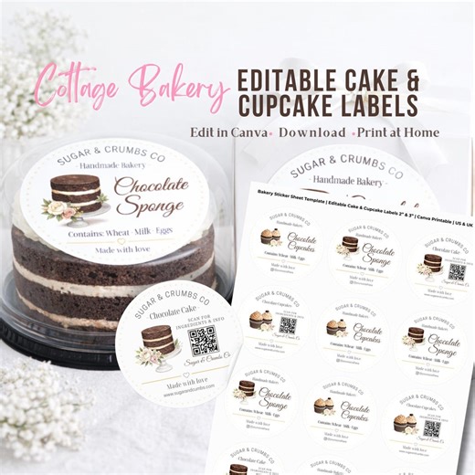 Bakery Sticker Sheet Template Editable Chocolate Cake and Cupcake Labels 2” and 3” Canva Printable Cottage Food Labels US and UK Letter - Etsy UK