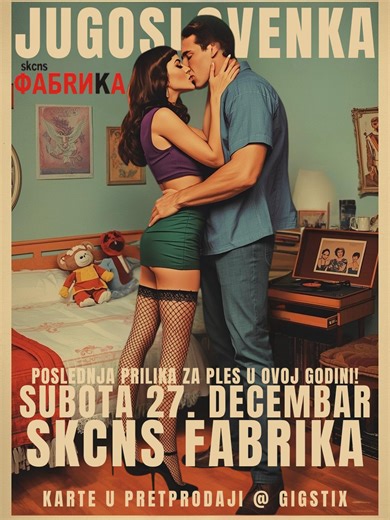 Jugoslovenka je svoju neprekidnu turneju započela pre 4 godine iz Novog Sada, grada u kome su do sad gotovo sve žurke bile rasprodane i to od strane najbolje novosadske ekipe! Zato smo rešili da vas još jedanput okupimo i da vam poslednje subote u ovoj godini pružimo POSLEDNJU PRILIKU ZA PLES u 2025.! Dođite da đuskanjem ispratimo staru i napravimo najlepšu uvertiru za novu 2026. godinu na žurci koja će se u subotu 27. decembra odžati u SKCNS Fabrika, koji ćemo za ovu priliku transformisati iz k