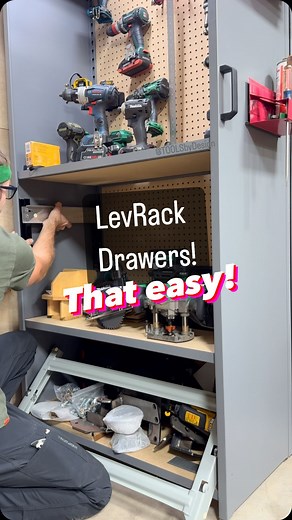64K views · 69 reactions | Adding drawers is that easy! The best garage storage system. Options for customizing the LevRack storage system for your needs is top notch. Drawers, shelves, trays, dividers, slat wall, magnet mounts, and more Nearly endless combinations Stay tuned as we have a huge full LevRack system giveaway coming up this month! @levrack #levrack #garageshop #storage #workshop #inventory #construction #drawers #performance | TOOLS by Design | Facebook