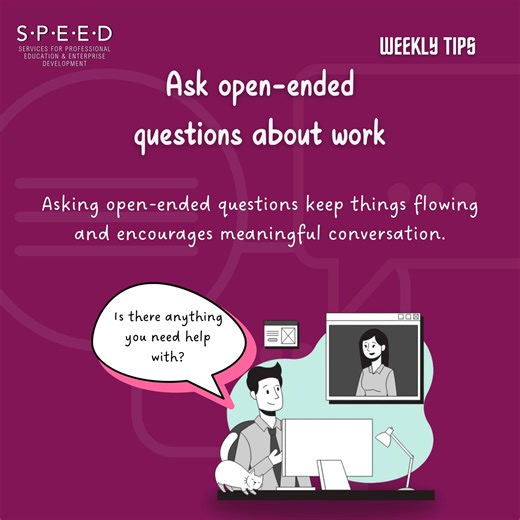 A conversation that flows starts with a question that invites thought. #corporatecommunication #conversationskills #openendedquestions #traininganddevelopment #professionalgrowth #workplacecommunication #softskillstraining #effectivecommunication #teamengagement #learninganddevelopment #communicationtips #careerskills #TrainingAndDevelopment #speedtrainingbd #SPEEDCorporateTraining | SPEED (Services For Professional Education and Enterprise Development) | Facebook
