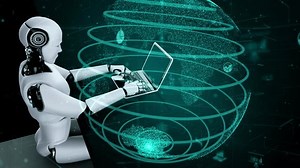 Future financial technology controll by AI robot huminoid uses machine learning and artificial intelligence to analyze business data and give advice on investment and trading decision . 3D rendering .