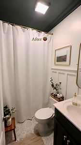 Small Bathroom Reveal! Before and after 🤩 I went bold, yet again 😅, and decided to paint the ceiling to match the cabinet (Pewter Green by @hgtvhomebysherwinwilliams @sherwinwilliams) I then added some wall paneling / wainscoting to the walls and painted Alabaster White by Sherwin Williams. I updated the faucet and hardware to Brass and paired it with this beautiful mirror and some pictures my mom took in these brass floating frames❤️ I really love how raising the shower curtain (96L curtain) 