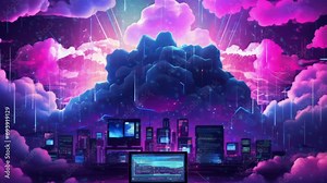 Synthwave tech Cloud computing technology - Seamless loop animation, created using AI Generative Technology