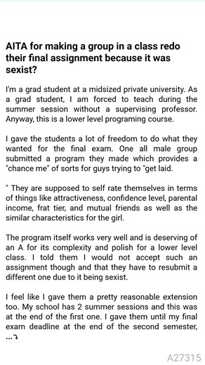 16K views | AITA for making a group in a class    redo  their final  assignment because it was sexist? #redditthread #personalgrowth #confessiontime | Story Time | Facebook