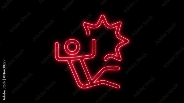 Glowing Neon Line Personal Injury Accident Icon Isolated on Black Background. 4K Ultra HD Video Motion Graphic Animation. Slip and Fall Hazard Symbol. Safety Warning Sign. Bright Digital Light Effect