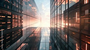 Stunning view of modern glass buildings reflecting a vibrant sunset sky, creating a dynamic urban and architectural perspective.