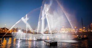 Ghost ship projected onto Amsterdam canal