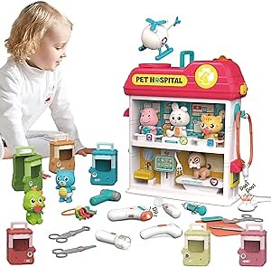Pet Vet Toys Doctor Kit for Kids, Hospital Pretend Play Set Vet Clinic Toys with Light and Sound, Pet Care Playset Animal Grooming Toys Gifts for Girls Boys, Ages 3 and Up