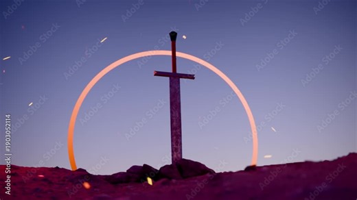 Excalibur sword in rocky stone at sunrise