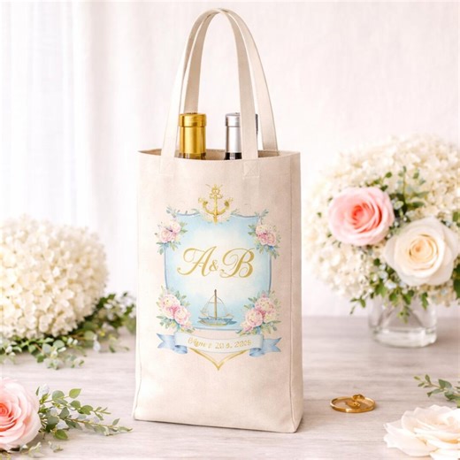 Personalized Wedding Wine Tote, Custom Crest Wedding Favor, Bridal Party Gift, Custom Wine Bag, Wedding Favor Bag - Etsy