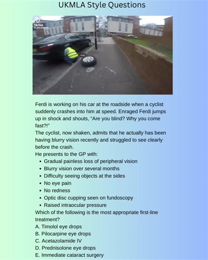Ferdi is working on his car at the roadside when a cyclist suddenly crashes into him at speed. Enraged Ferdi jumps up in shock and shouts, “Are you blind? Why you come fast?!” The cyclist, now shaken, admits that he actually has been having blurry vision recently and struggled to see clearly before the crash. He presents to the GP with: - Gradual painless loss of peripheral vision - Blurry vision over several months - Difficulty seeing objects at the sides - No eye pain - No redness - Optic disc