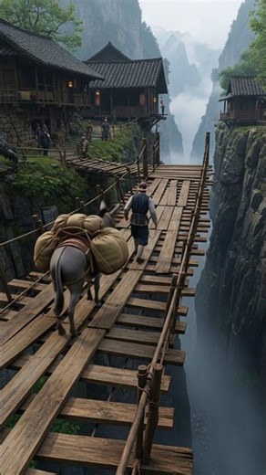 Donkey Crossing a Cliffside Wooden Bridge 🌍#trending #nature #shorts