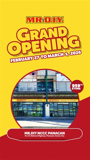 Davao City shoppers, this is your sign 💛 From essentials to home finds, MR DIY NCCC Panacan has it all. Join our Grand Opening February 27 - March 1. 🛒 📍Km 13 National Highway, Panacan, Davao City 8000 ⏰ 8:00AM – 7:00PM Shop and enjoy a FREE MR.DIY freebie with a minimum ₱500 single receipt. Free items may vary per participating store. DTI Fair Trade Permit No. FTEB-248179 Series of 2026 #MRDIYPH #AlwaysLowPrices #LifeWithMRDIY | MR DIY