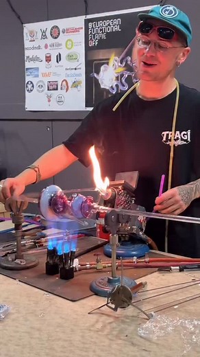 I just got back from a glassblowing competition in Europe and I had to share this: Half the competitors were using a FlexBurner from MadHatter Glassworks and half were not. Only ONE without a Flexburner survived to be judged but every artist who used a FlexBurner finished their piece! When time matters a Flexburner puts you in the lead! Built by artists, for artists. Proud to see our burners being used around the world. 🌍🔥 | Madhatter Glass Works